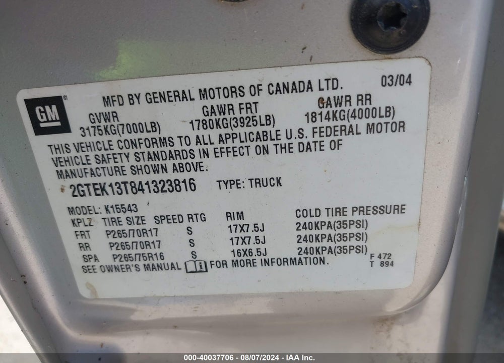 2004 GMC SIERRA 1500 SLT VIN: 2GTEK13T841323816