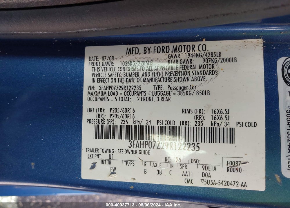 2009 FORD FUSION SE VIN: 3FAHP07Z29R122235