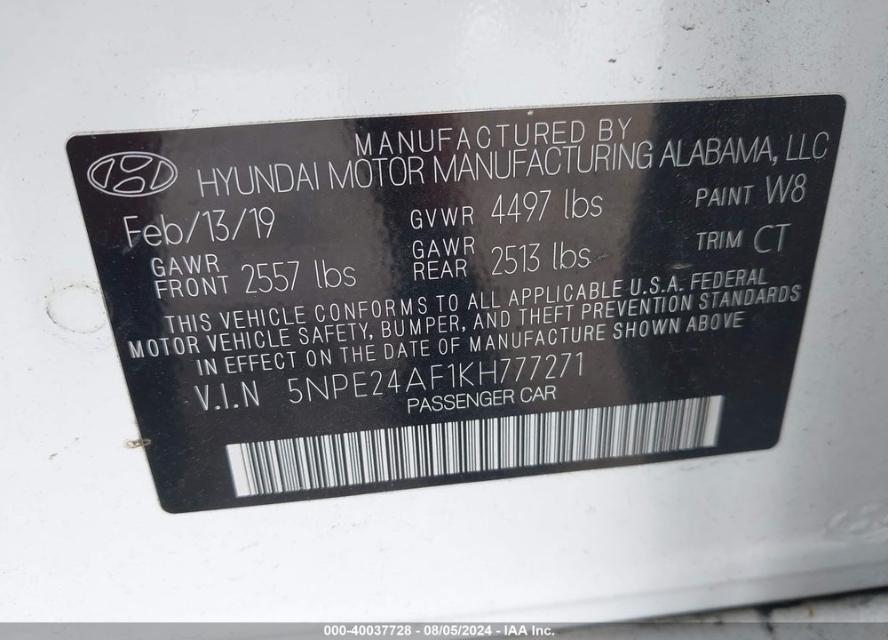 2019 HYUNDAI SONATA SE VIN: 5NPE24AF1KH777271