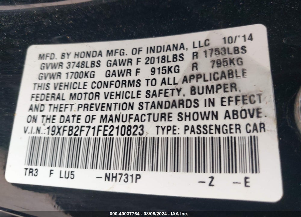 2015 HONDA CIVIC SE VIN: 19XFB2F71FE210823