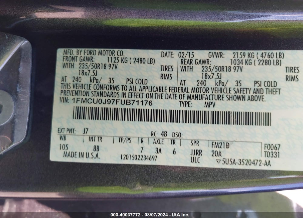 2015 FORD ESCAPE TITANIUM VIN: 1FMCU0J97FUB71176