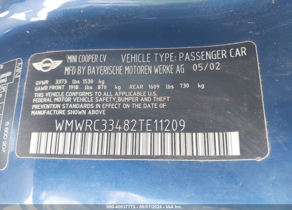 2002 MINI COOPER VIN: WMWRC33482TE11209