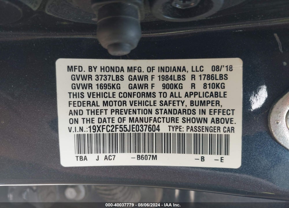 2018 HONDA CIVIC LX VIN: 19XFC2F55JE037604