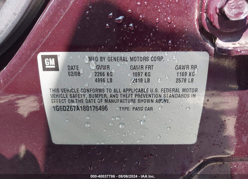 2008 CADILLAC STS V8 VIN: 1G6DZ67A180176496