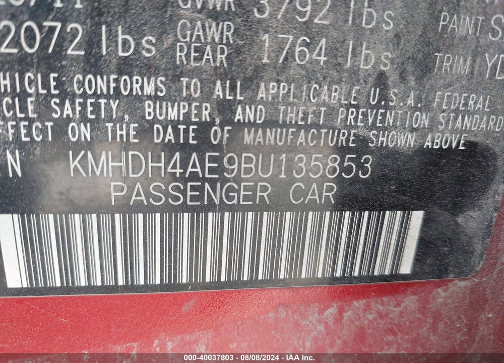 2011 HYUNDAI ELANTRA LIMITED (ULSAN PLANT) VIN: KMHDH4AE9BU135853
