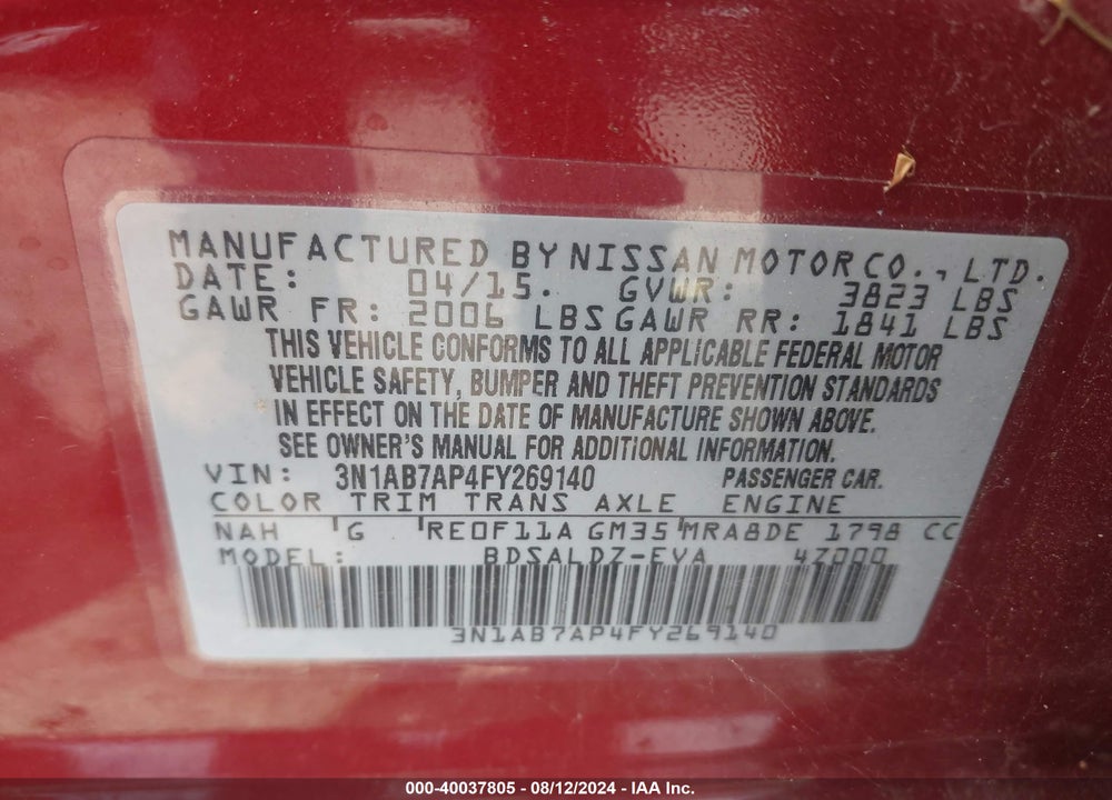 2015 NISSAN SENTRA FE+ S/S/SL/SR/SV VIN: 3N1AB7AP4FY269140