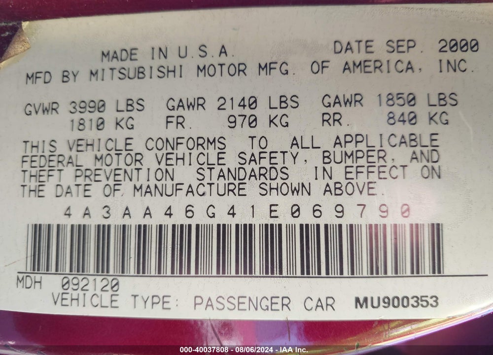 2001 MITSUBISHI GALANT ES VIN: 4A3AA46G41E069790