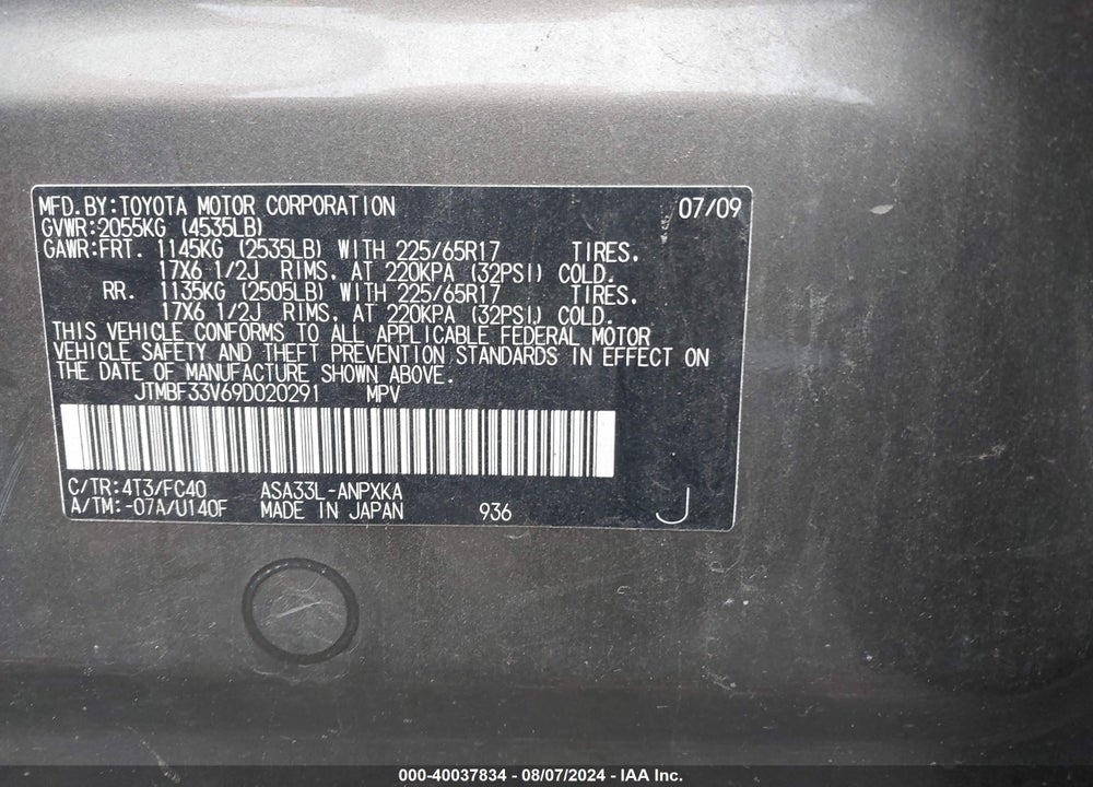 2009 TOYOTA RAV4 VIN: JTMBF33V69D020291