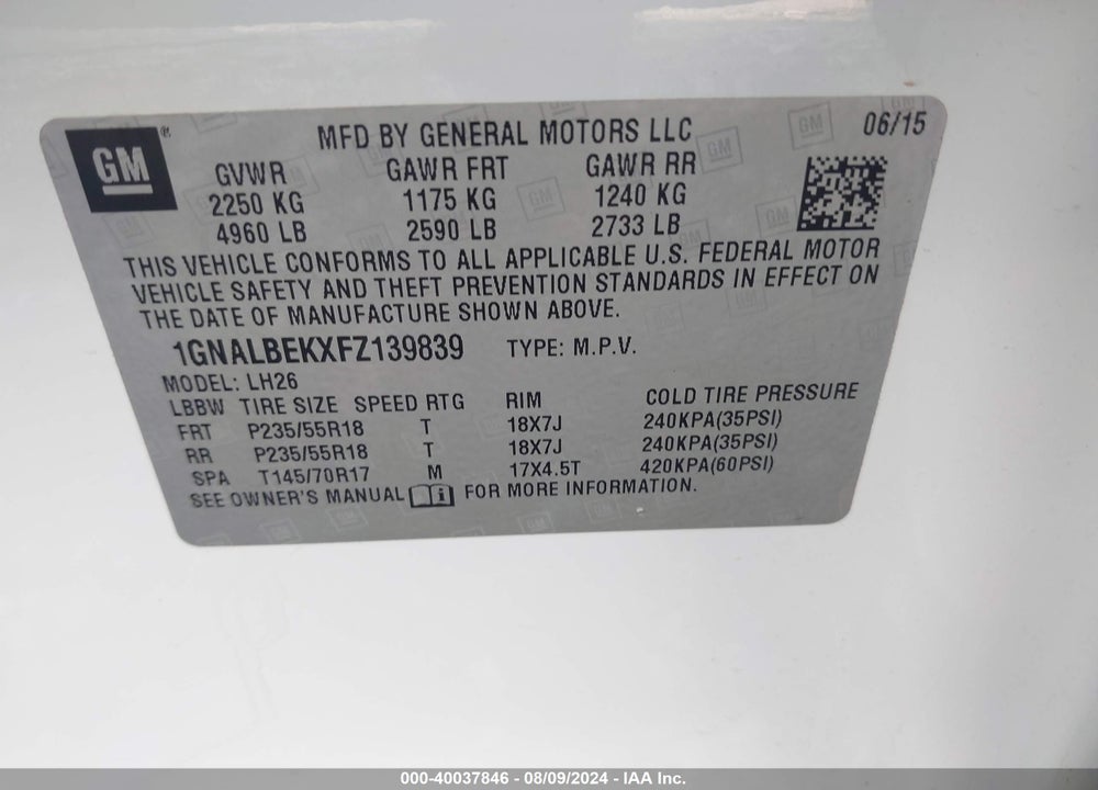 2015 CHEVROLET EQUINOX 1LT VIN: 1GNALBEKXFZ139839