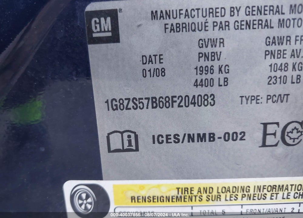 2008 SATURN AURA VIN: 1G8ZS57B68F204083