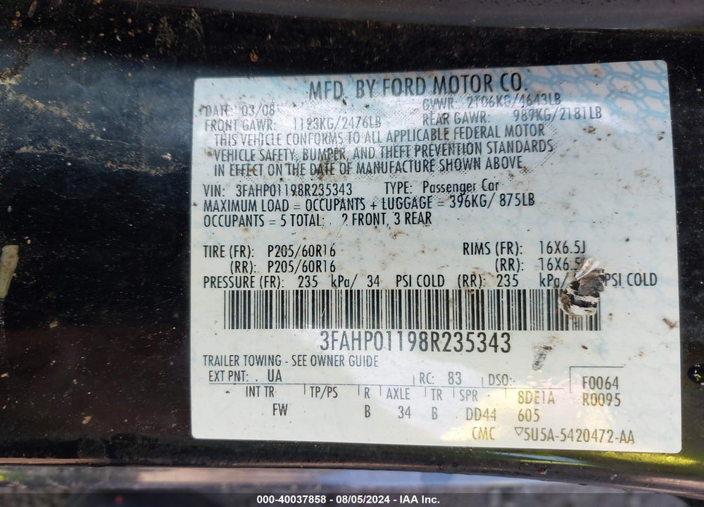 2008 FORD FUSION SE VIN: 3FAHP01198R235343