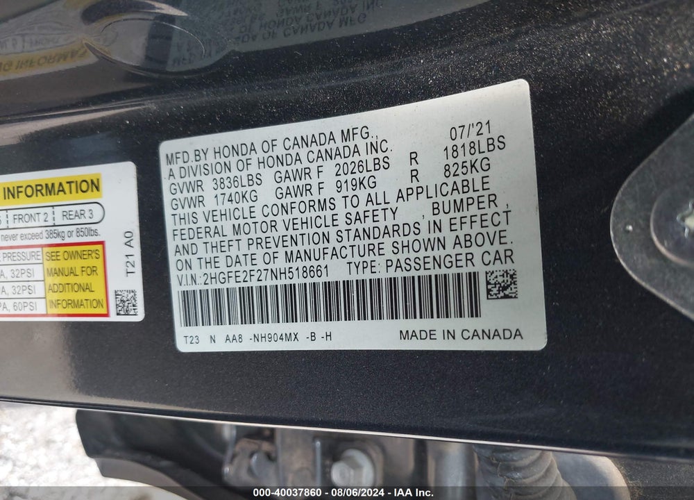 2022 HONDA CIVIC LX VIN: 2HGFE2F27NH518661