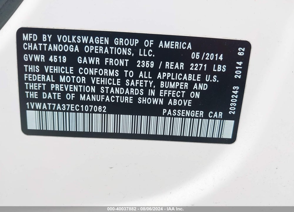 2014 VOLKSWAGEN PASSAT 1.8T WOLFSBURG EDITION VIN: 1VWAT7A37EC107062
