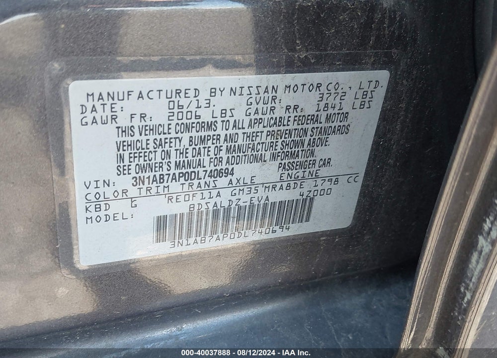 2013 NISSAN SENTRA SV VIN: 3N1AB7AP0DL740694
