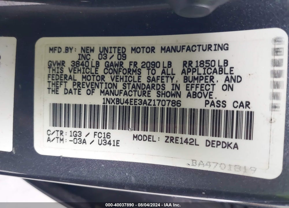 2010 TOYOTA COROLLA LE VIN: 1NXBU4EE3AZ170786