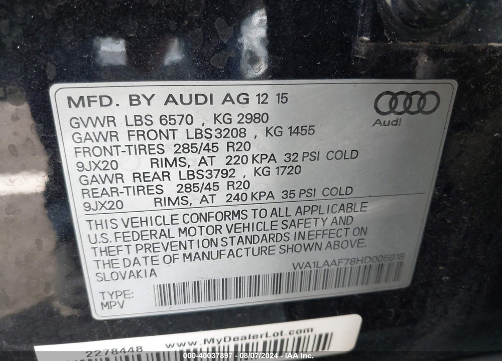 2017 AUDI Q7 3.0T PREMIUM VIN: WA1LAAF78HD005918