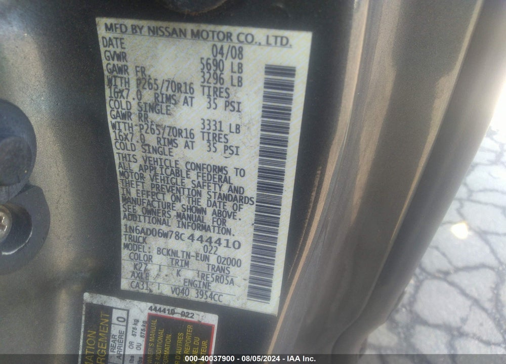 2008 NISSAN FRONTIER SE VIN: 1N6AD06W78C444410