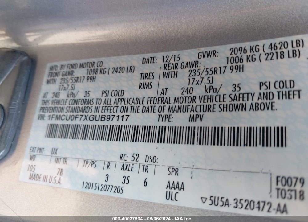 2016 FORD ESCAPE S VIN: 1FMCU0F7XGUB97117