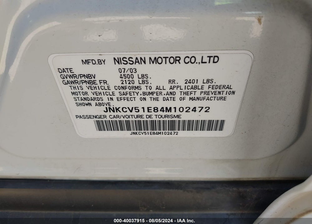 2004 INFINITI G35 VIN: JNKCV51E84M102472