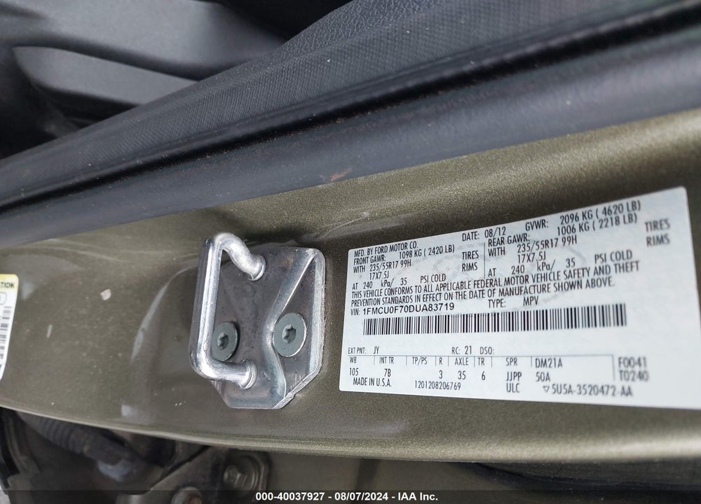 2013 FORD ESCAPE S VIN: 1FMCU0F70DUA83719