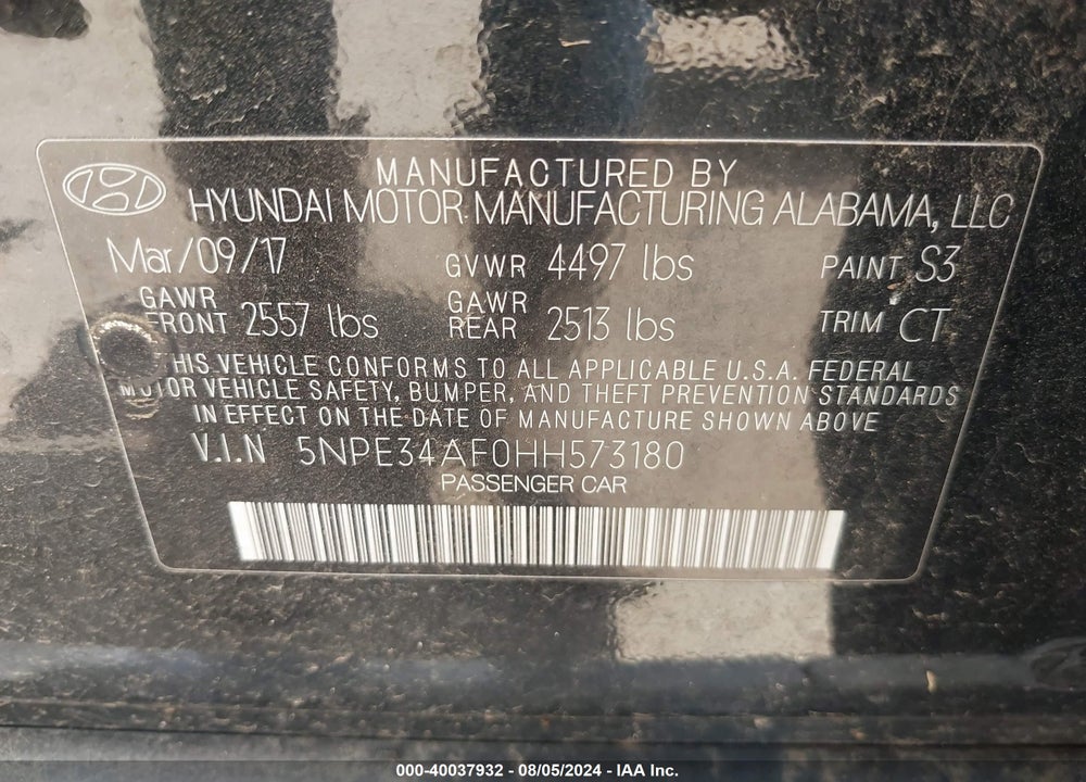2017 HYUNDAI SONATA SPORT VIN: 5NPE34AF0HH573180