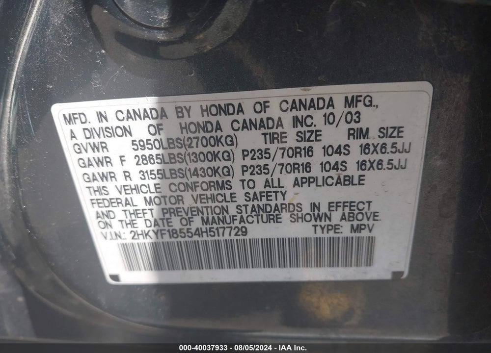 2004 HONDA PILOT EX-L VIN: 2HKYF18554H517729