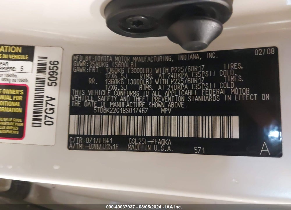2008 TOYOTA SIENNA XLE VIN: 5TDBK22C18S017467