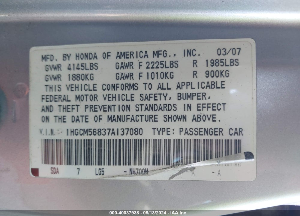 2007 HONDA ACCORD 2.4 EX VIN: 1HGCM56837A137080