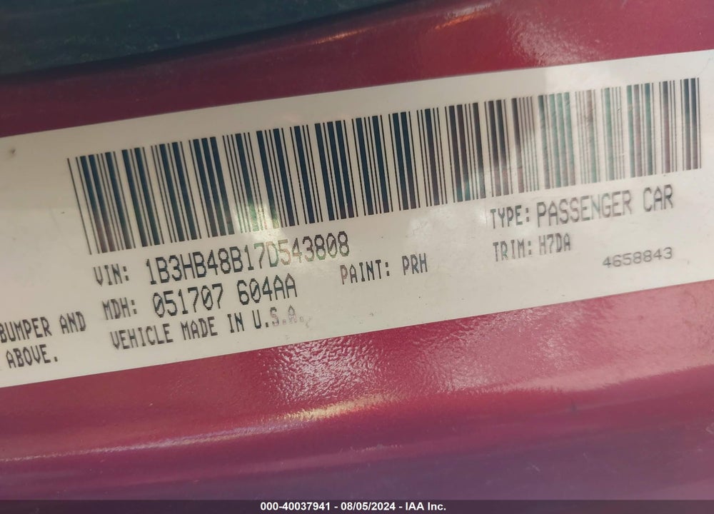 2007 DODGE CALIBER SXT VIN: 1B3HB48B17D543808