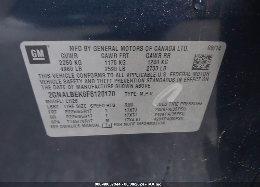 2015 CHEVROLET EQUINOX 1LT VIN: 2GNALBEK8F6120170
