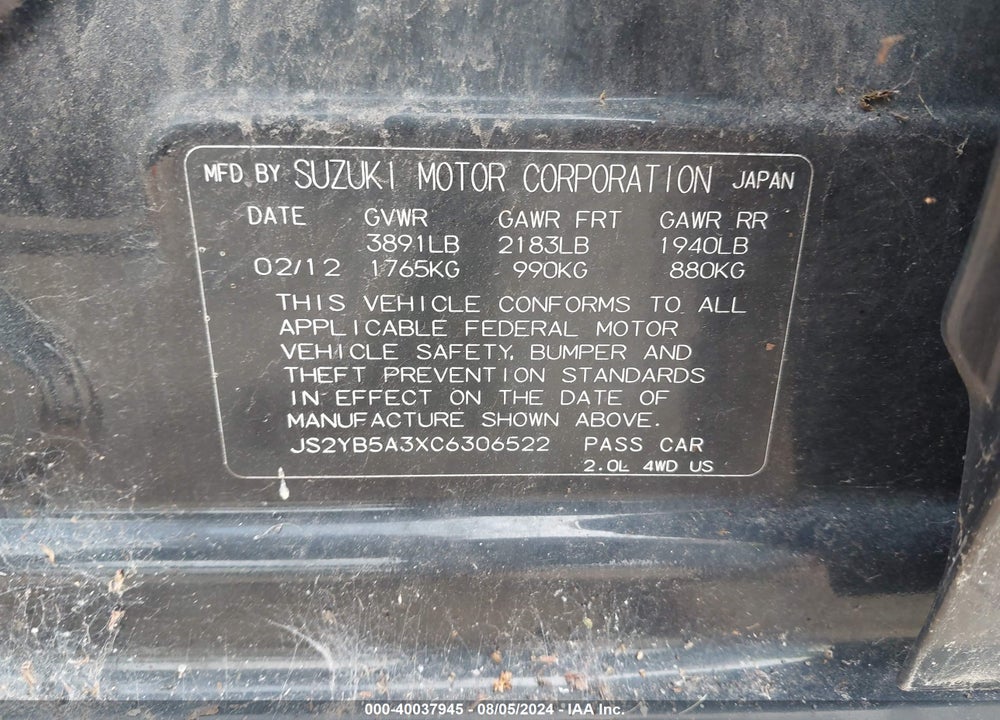 2012 SUZUKI SX4 PREMIUM/TECH VALU PKG (NAV) VIN: JS2YB5A3XC6306522