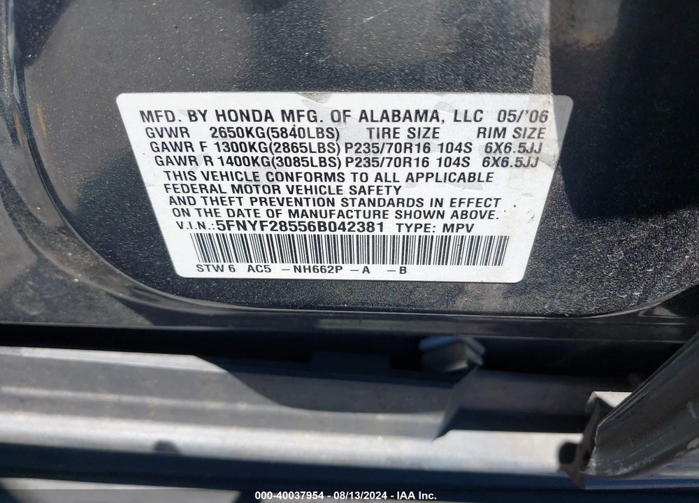 2006 HONDA PILOT EX-L VIN: 5FNYF28556B042381