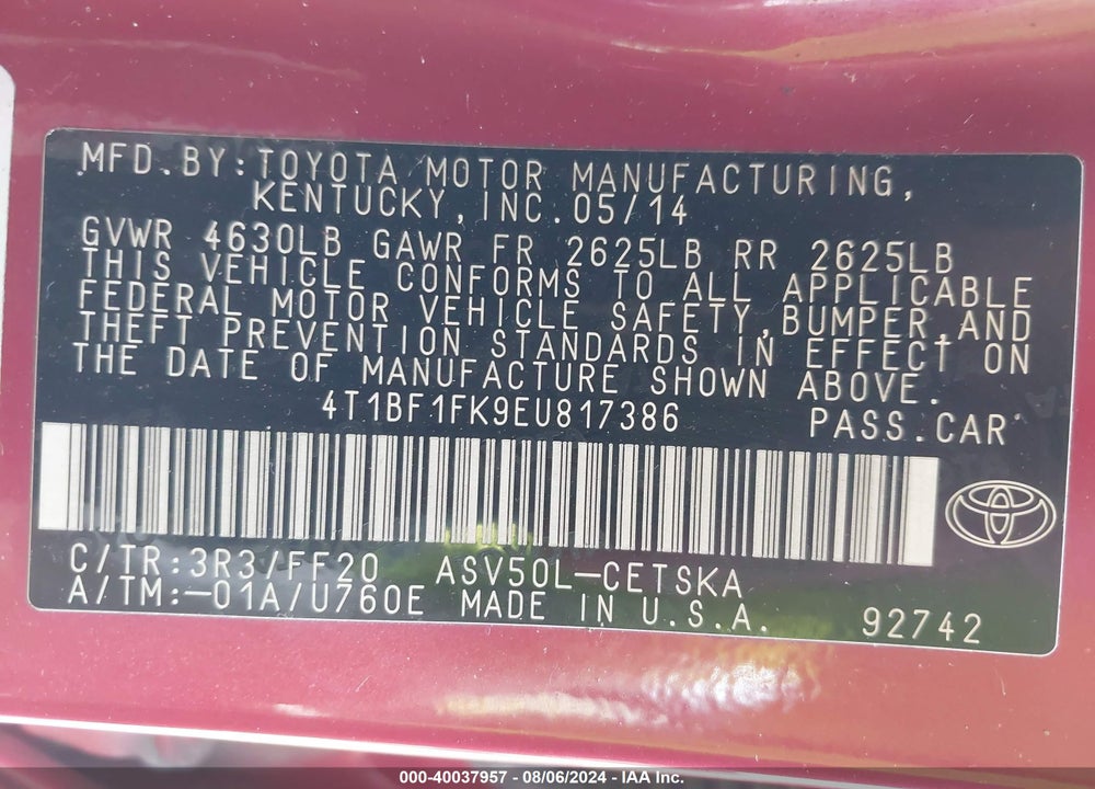 2014 TOYOTA CAMRY SE VIN: 4T1BF1FK9EU817386