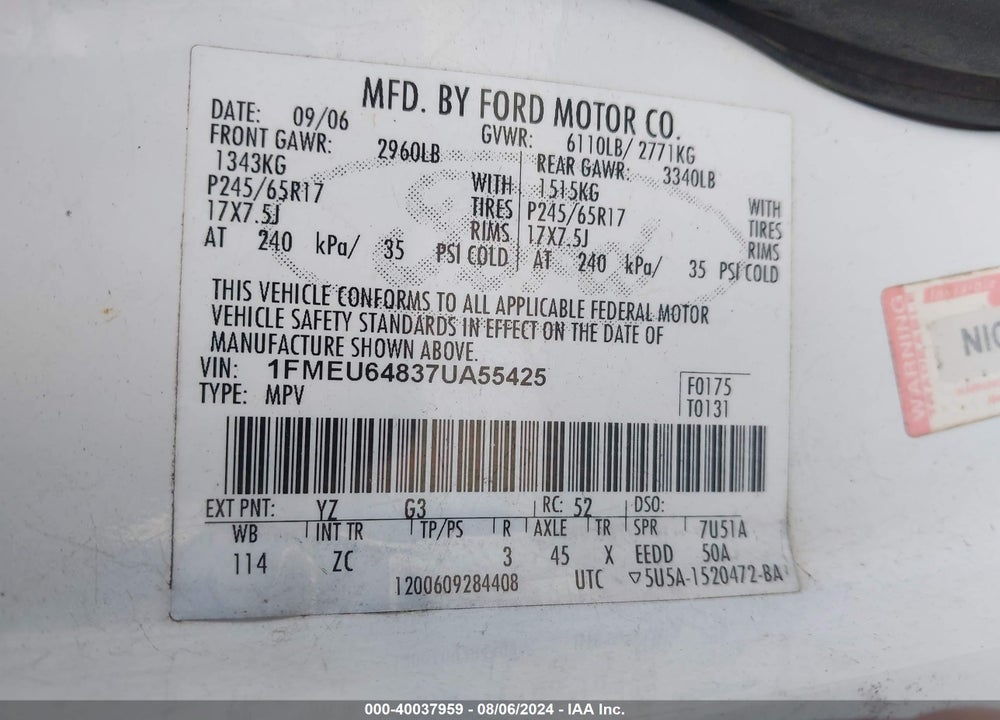 2007 FORD EXPLORER EDDIE BAUER VIN: 1FMEU64837UA55425