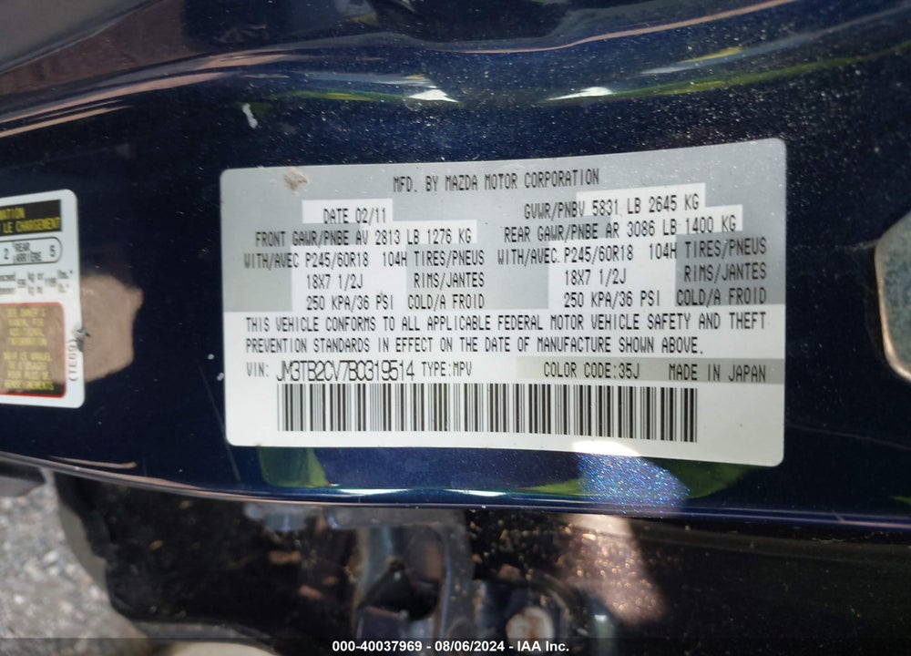 2011 MAZDA CX-9 TOURING VIN: JM3TB2CV7B0319514