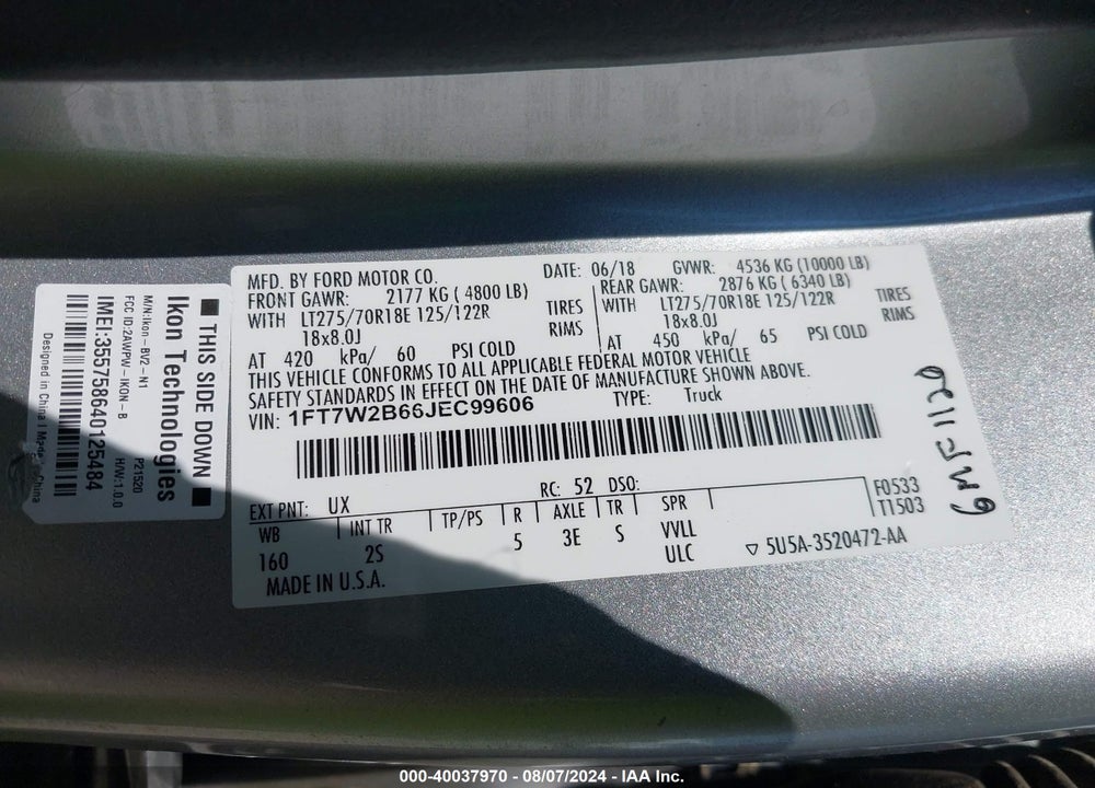 2018 FORD F-250 XLT VIN: 1FT7W2B66JEC99606