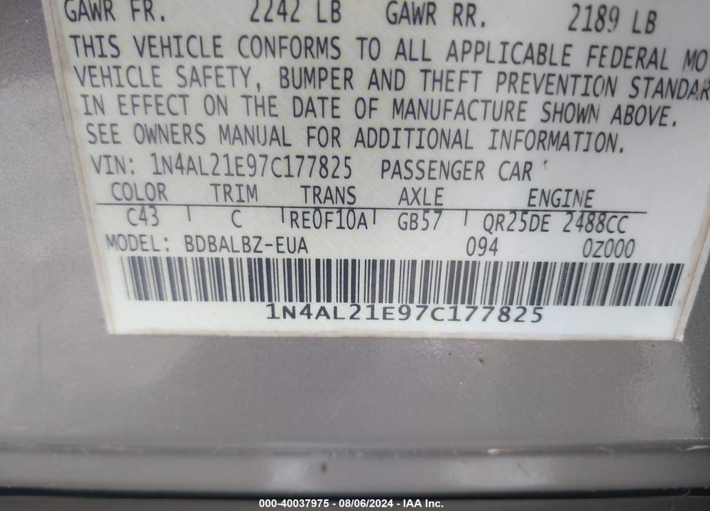 2007 NISSAN ALTIMA 2.5/2.5 S VIN: 1N4AL21E97C177825