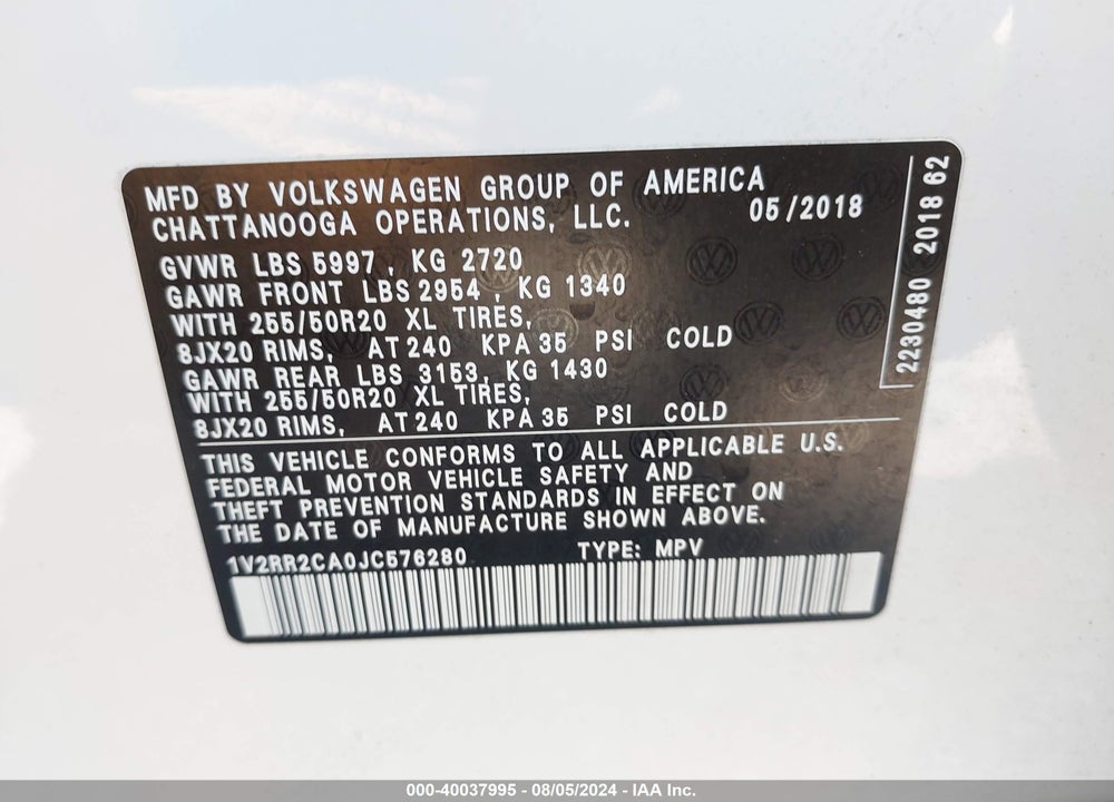 2018 VOLKSWAGEN ATLAS 3.6L V6 SEL VIN: 1V2RR2CA0JC576280