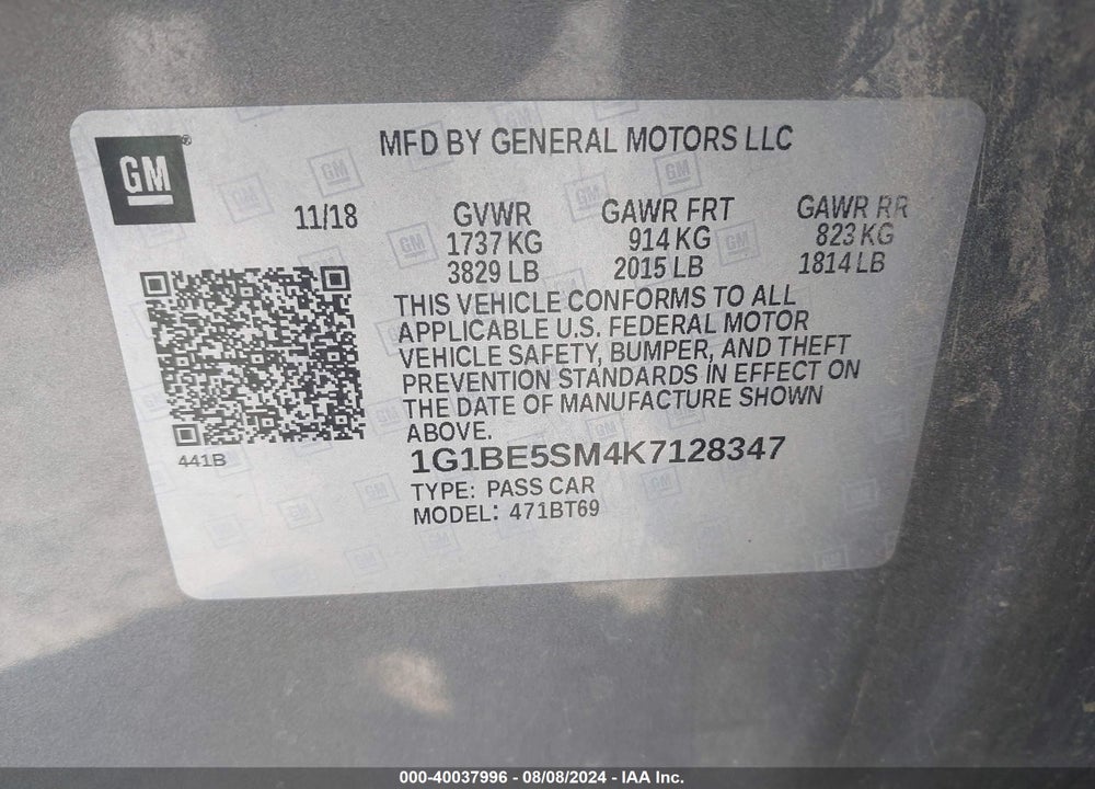 2019 CHEVROLET CRUZE LT VIN: 1G1BE5SM4K7128347