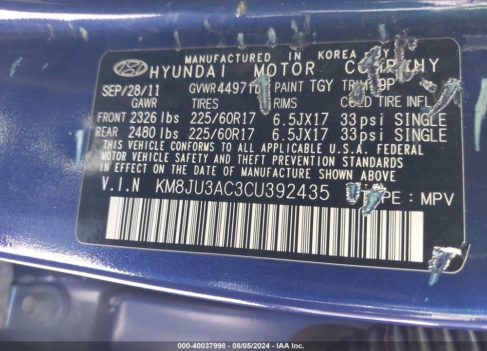 2012 HYUNDAI TUCSON GLS VIN: KM8JU3AC3CU392435