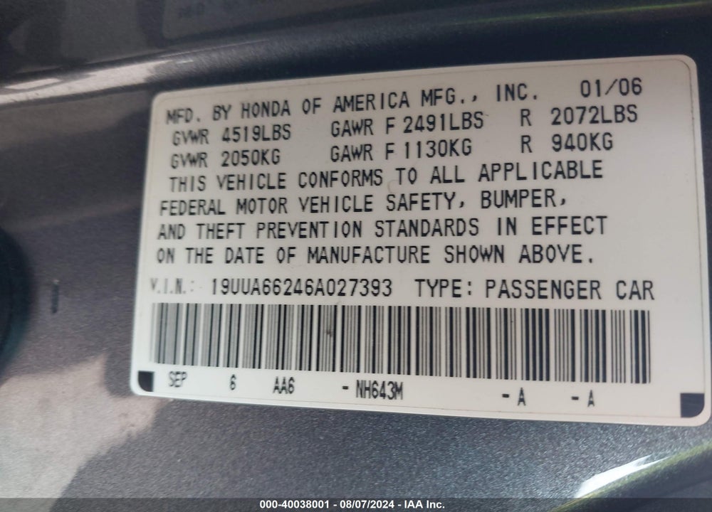 2006 ACURA TL VIN: 19UUA66246A027393