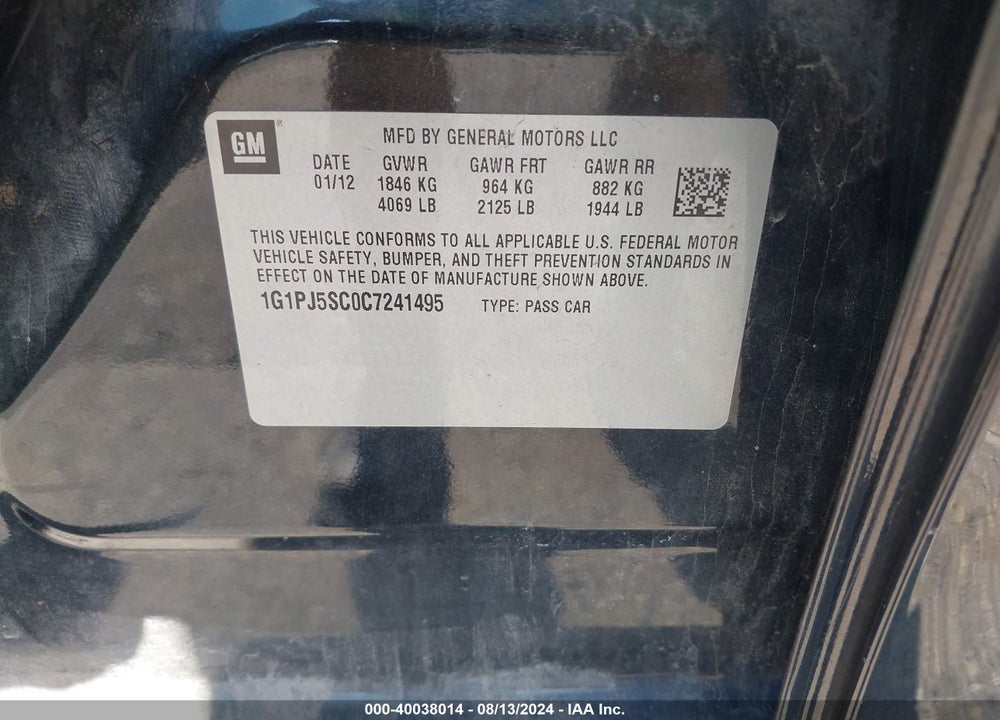 2012 CHEVROLET CRUZE ECO VIN: 1G1PJ5SC0C7241495