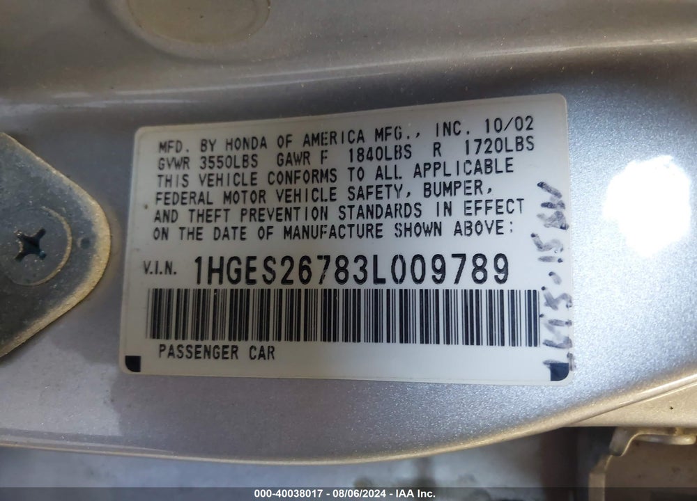2003 HONDA CIVIC EX VIN: 1HGES26783L009789