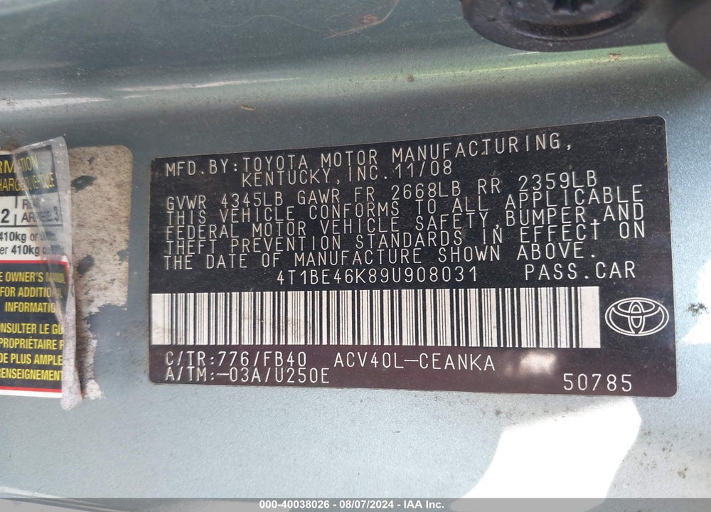 2009 TOYOTA CAMRY LE VIN: 4T1BE46K89U908031