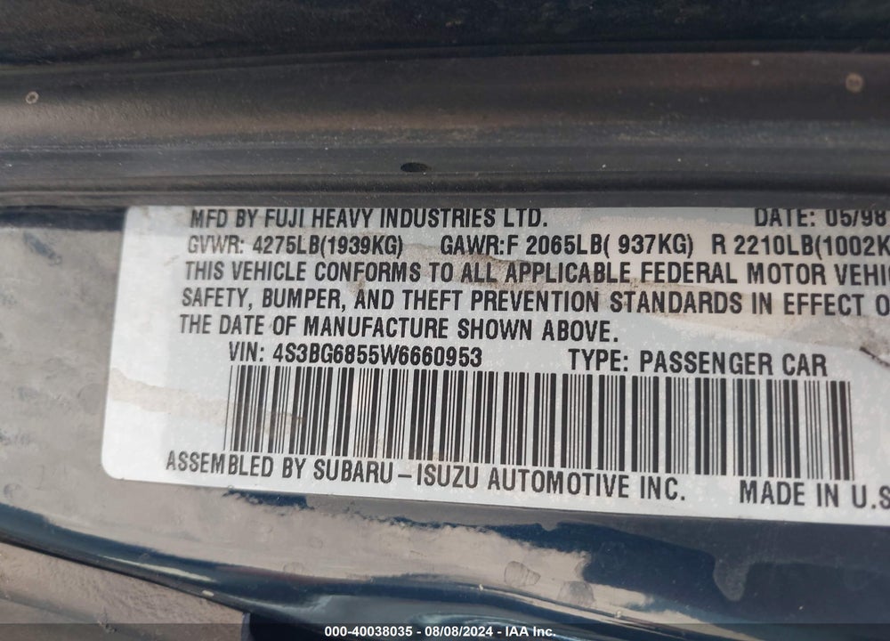 1998 SUBARU LEGACY OUTBACK/OUTBACK LIMITED/OUTBACK SPORT VIN: 4S3BG6855W6660953