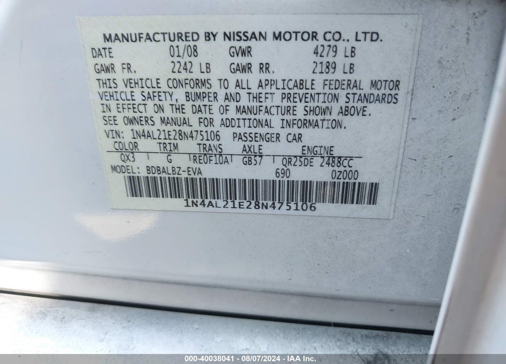 2008 NISSAN ALTIMA 2.5 S VIN: 1N4AL21E28N475106