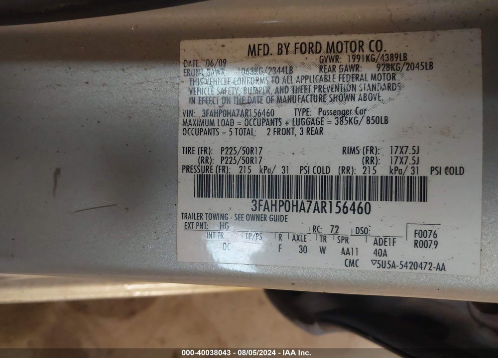 2010 FORD FUSION SE VIN: 3FAHP0HA7AR156460