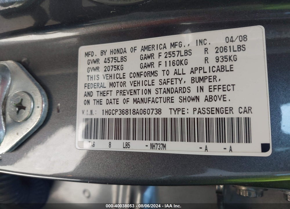 2008 HONDA ACCORD 3.5 EX-L VIN: 1HGCP36818A060738