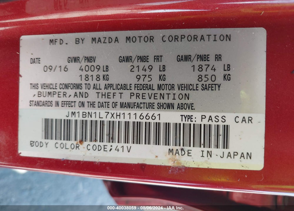 2017 MAZDA 3 TOURING VIN: JM1BN1L7XH1116661
