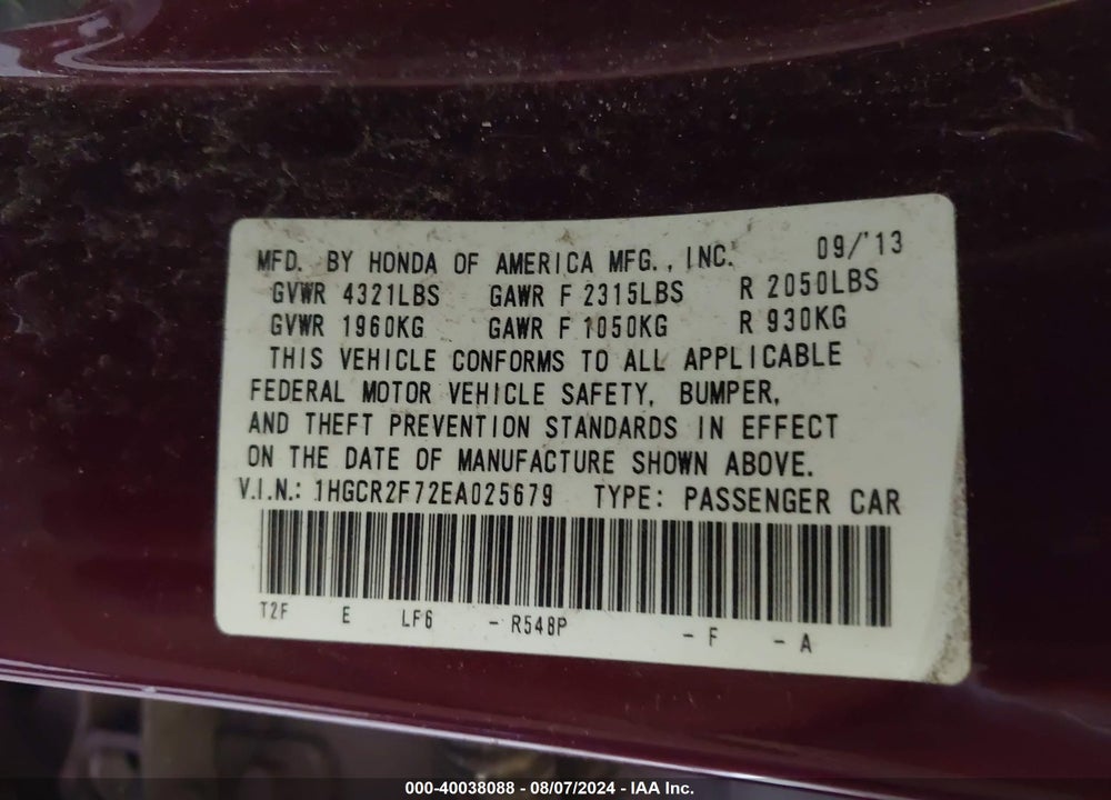 2014 HONDA ACCORD EX VIN: 1HGCR2F72EA025679